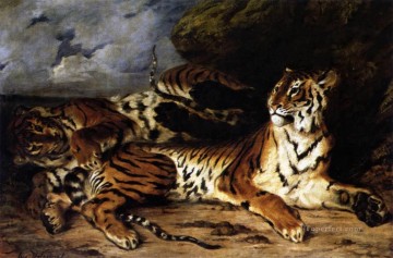  Eugene Pintura al %C3%B3leo - Un tigre joven jugando con su madre El romántico Eugene Delacroix